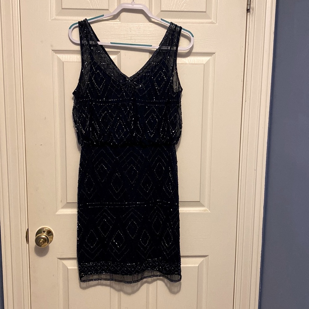 Beaded Navy blue plunge neck and back cocktail dress
